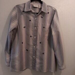 Alfred Dunner Women's Button-up Blouse  Sz 10 BlueWhite Striped Long Sleeved...